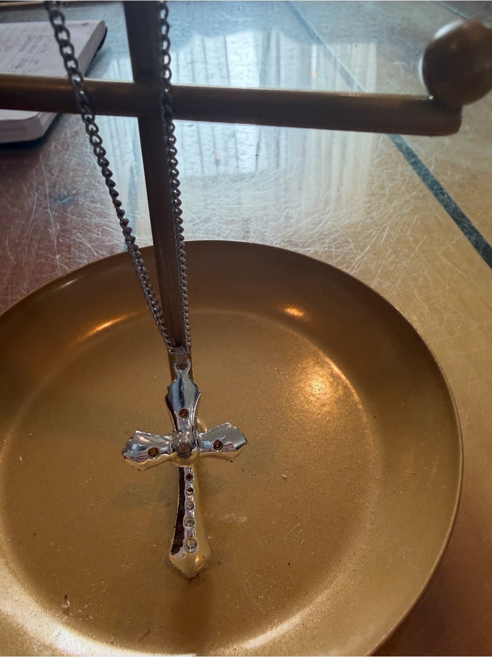 Silver Cross Pendant Necklace - Rhinestone Accent-vintage